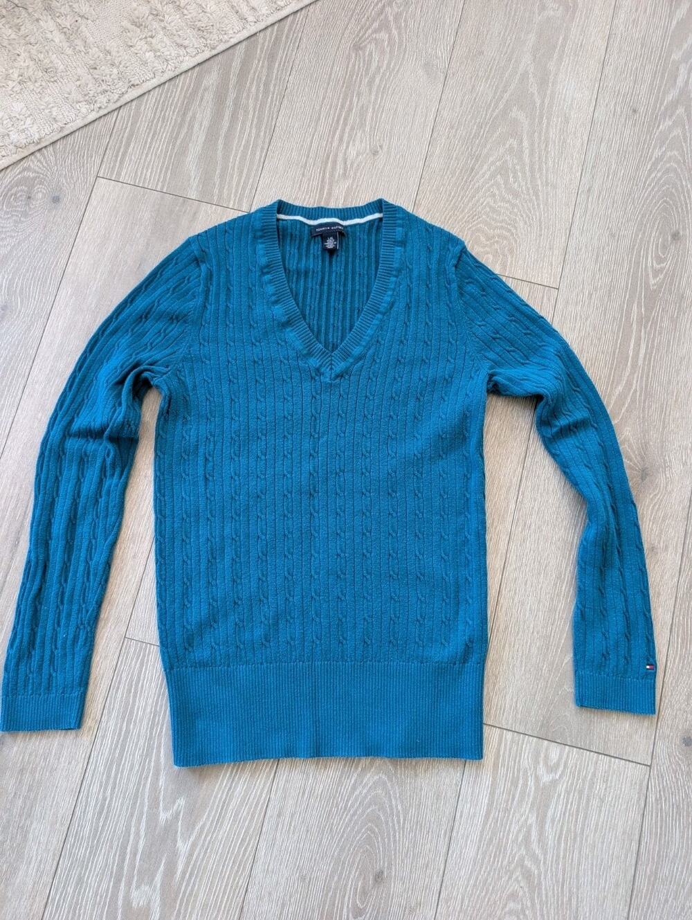 Y2K Tommy Hilfiger Teal Cable Knit V Neck Long Sleeve Sweater Large Preppy